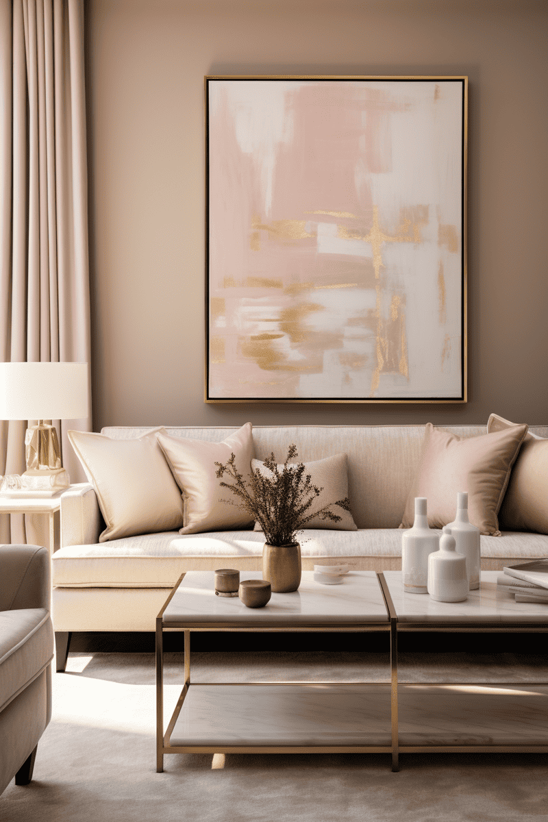 a tan living room with warmer-toned walls, blush pillows, and gold accents for a welcoming atmosphere
