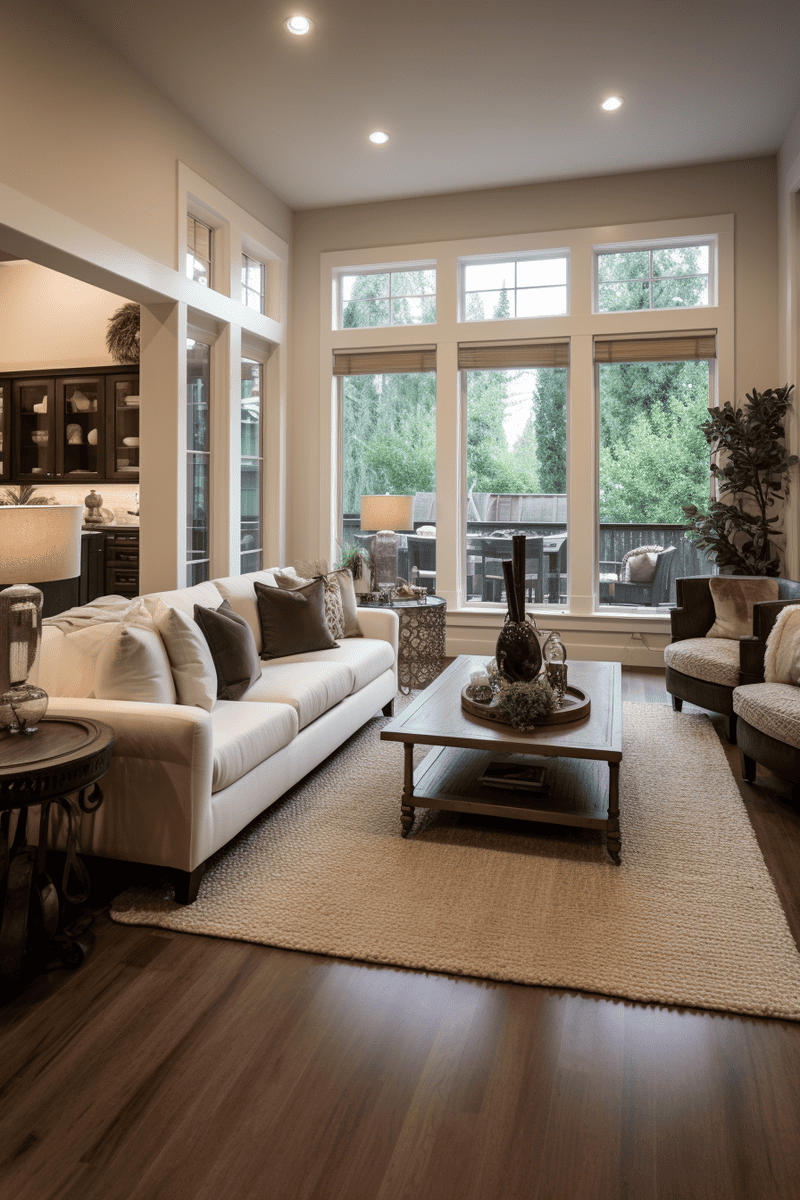 an image of a tan living room with dark hardwood flooring and a mix of modern and traditional decor and furniture for a cool look