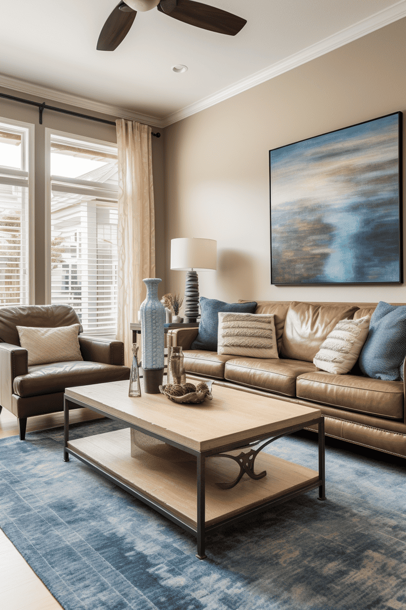 an image of a tan living room with hints of blue and leather accents, complemented by tan walls and a coordinating rug