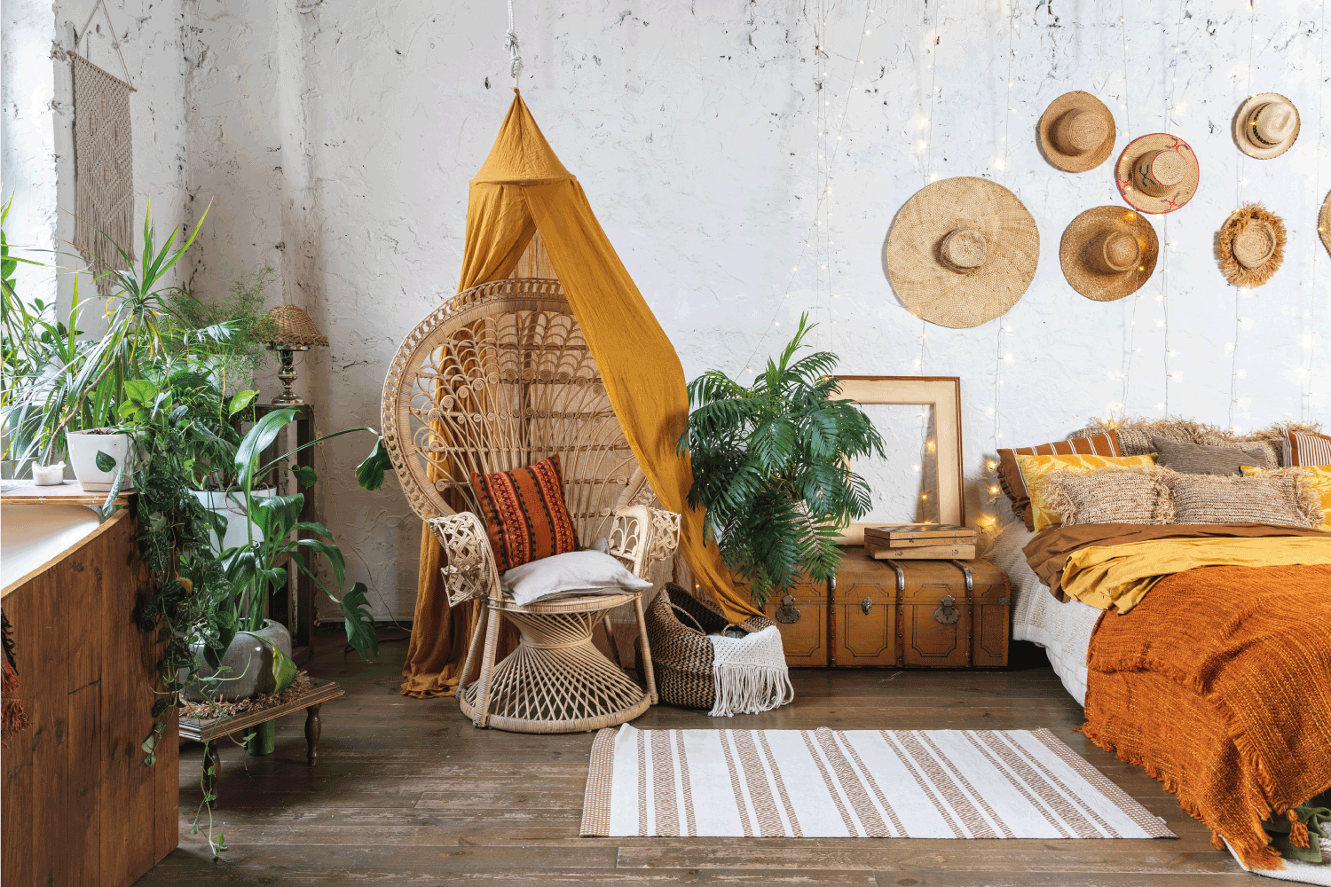 bohemian room with cozy interior, wicker chair, pillows, cushions, green plants, bed and rug on wooden floor. mustard accents