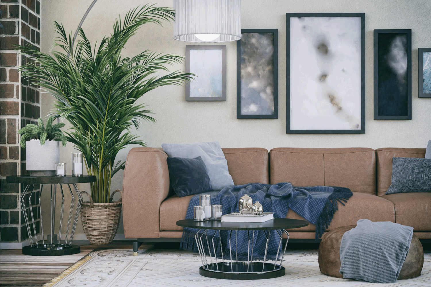 cozy sofa in domestic living room, cerulean theme