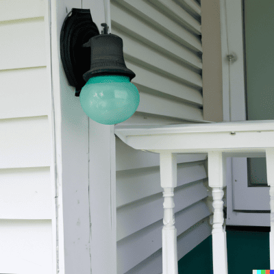 photo of a house porch with a light fixture with a green bulb giving green light