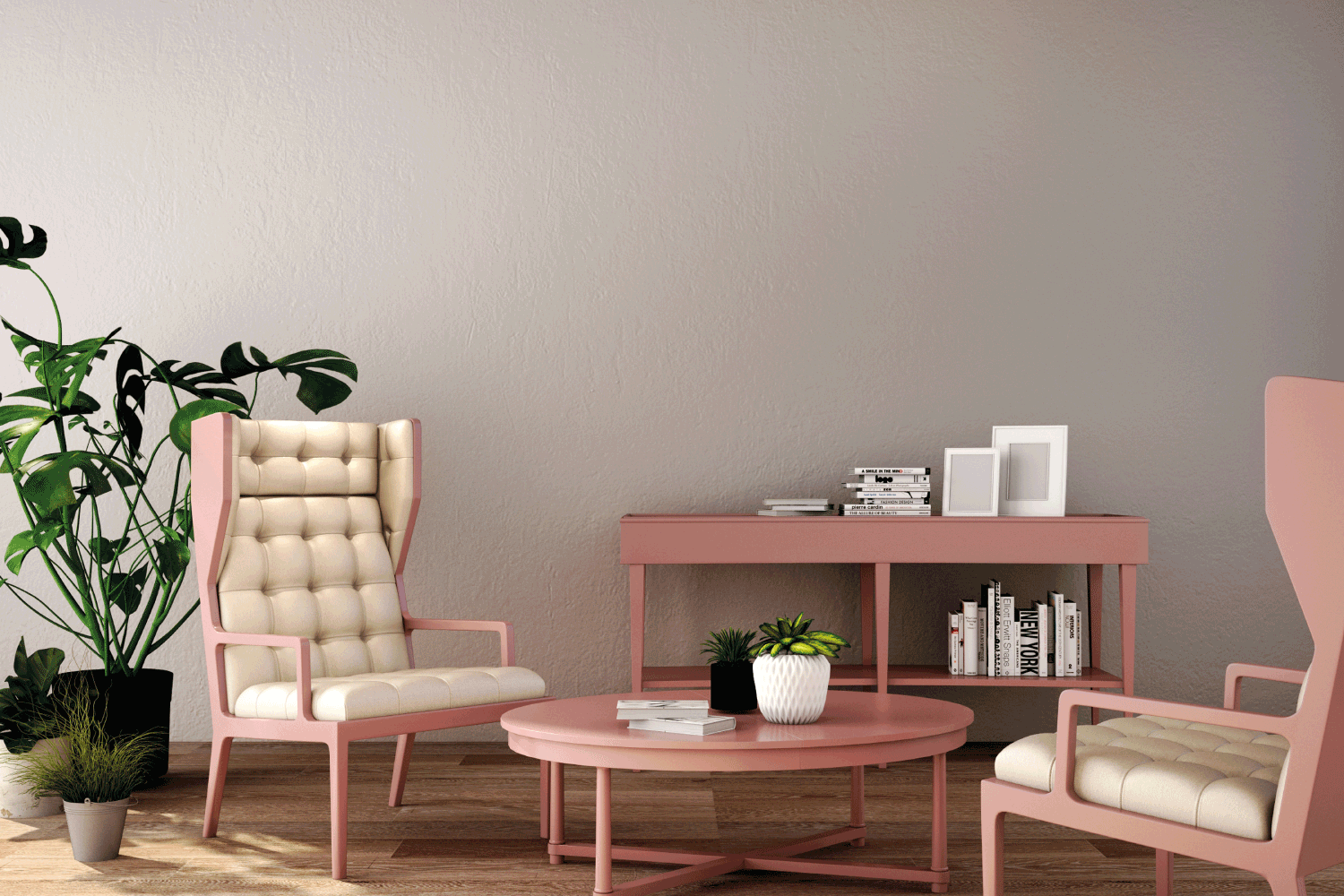 reception in modern style with couple armchair, table,plant on wood floor and gray wall. pink accents