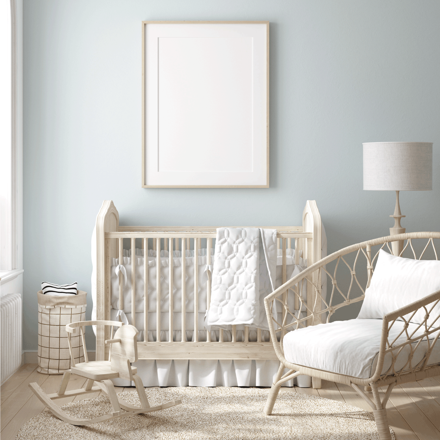 white nursery with natural wooden furniture