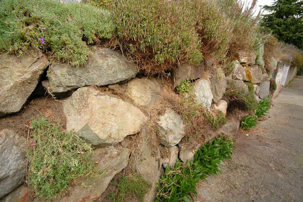 A boulder retaining wall on the side of a sidewalk