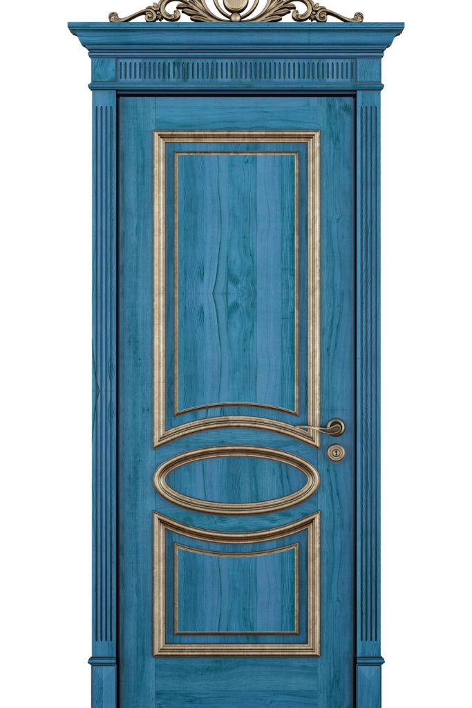 A classic mid century designed front door with golden trims and a brass door knob