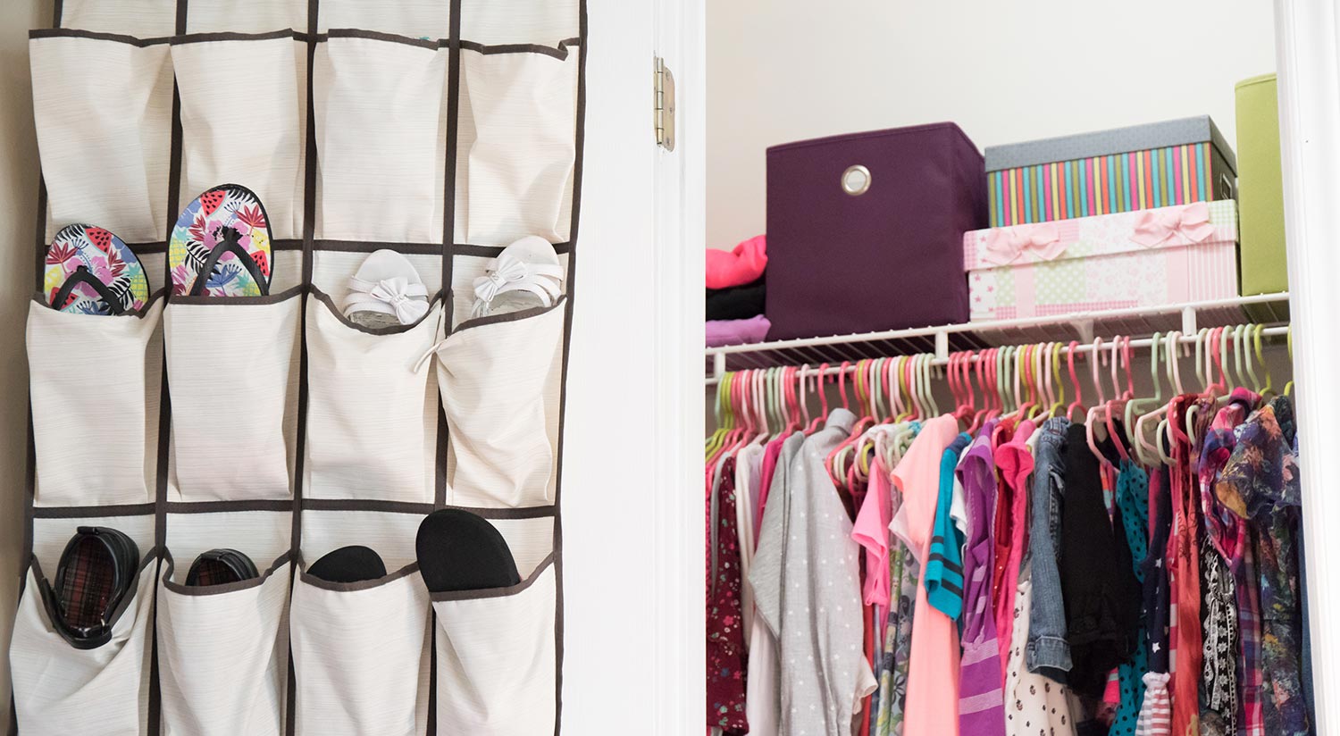 A young girl's closet neatly organized with bins and boxes and a shoe rack hanging on the door