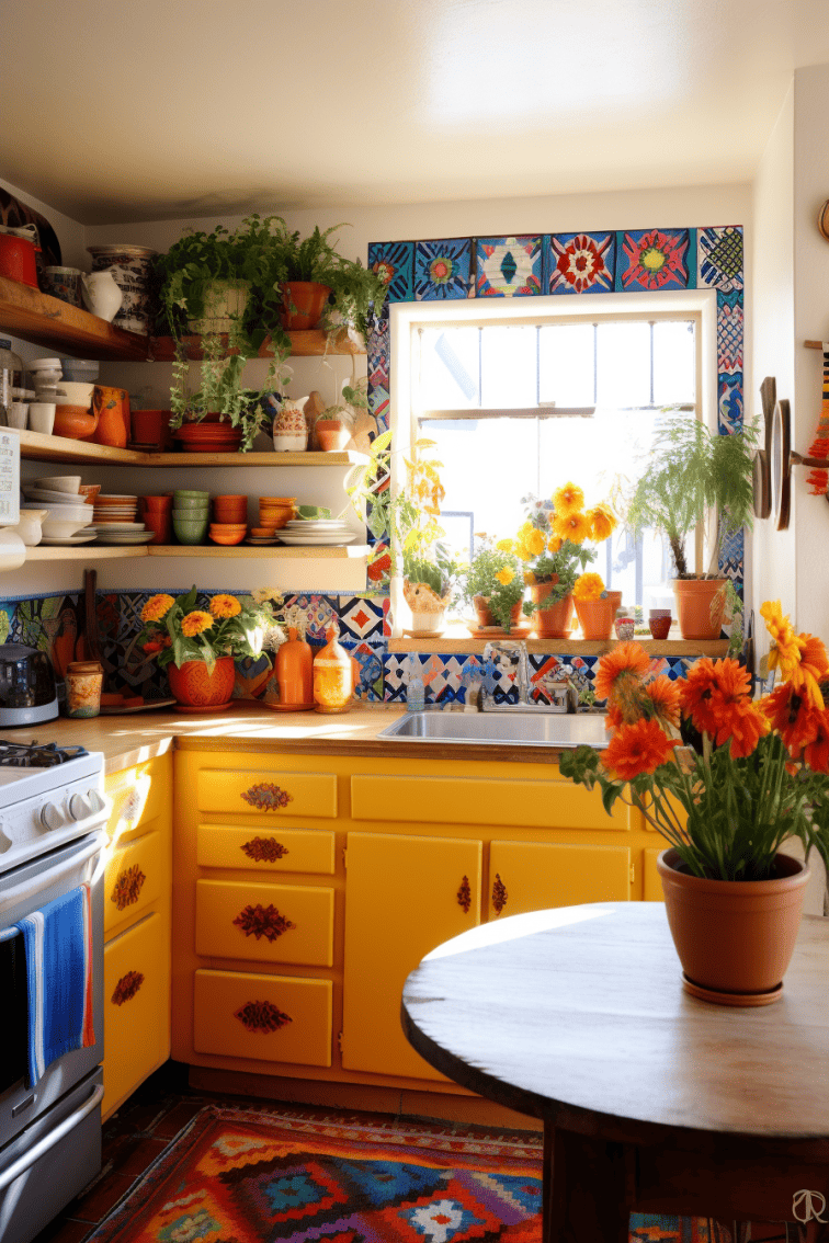 Colorful Mexican-style kitchen with different textures, crockery, and fresh flowers