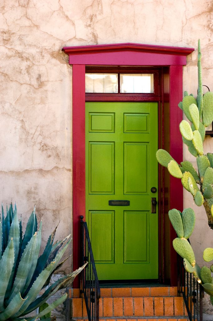 Colorful southwestern style adobe door in historical part of Tuscon, Arizona, USA