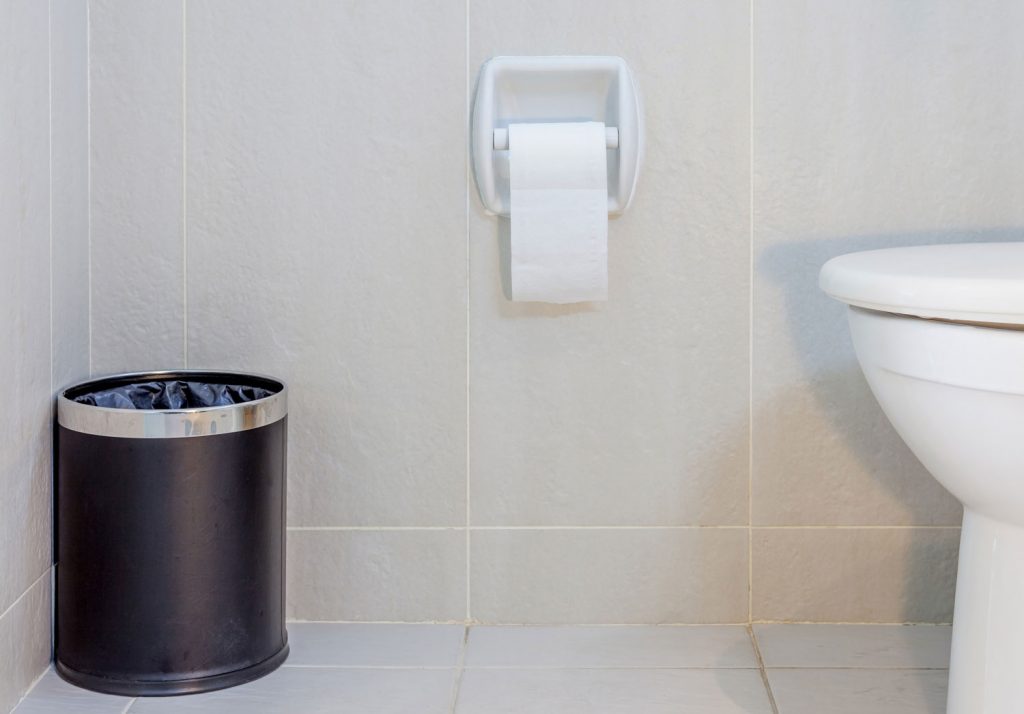 Interior of toilet seat, paper and trashcan in hygiene restroom.