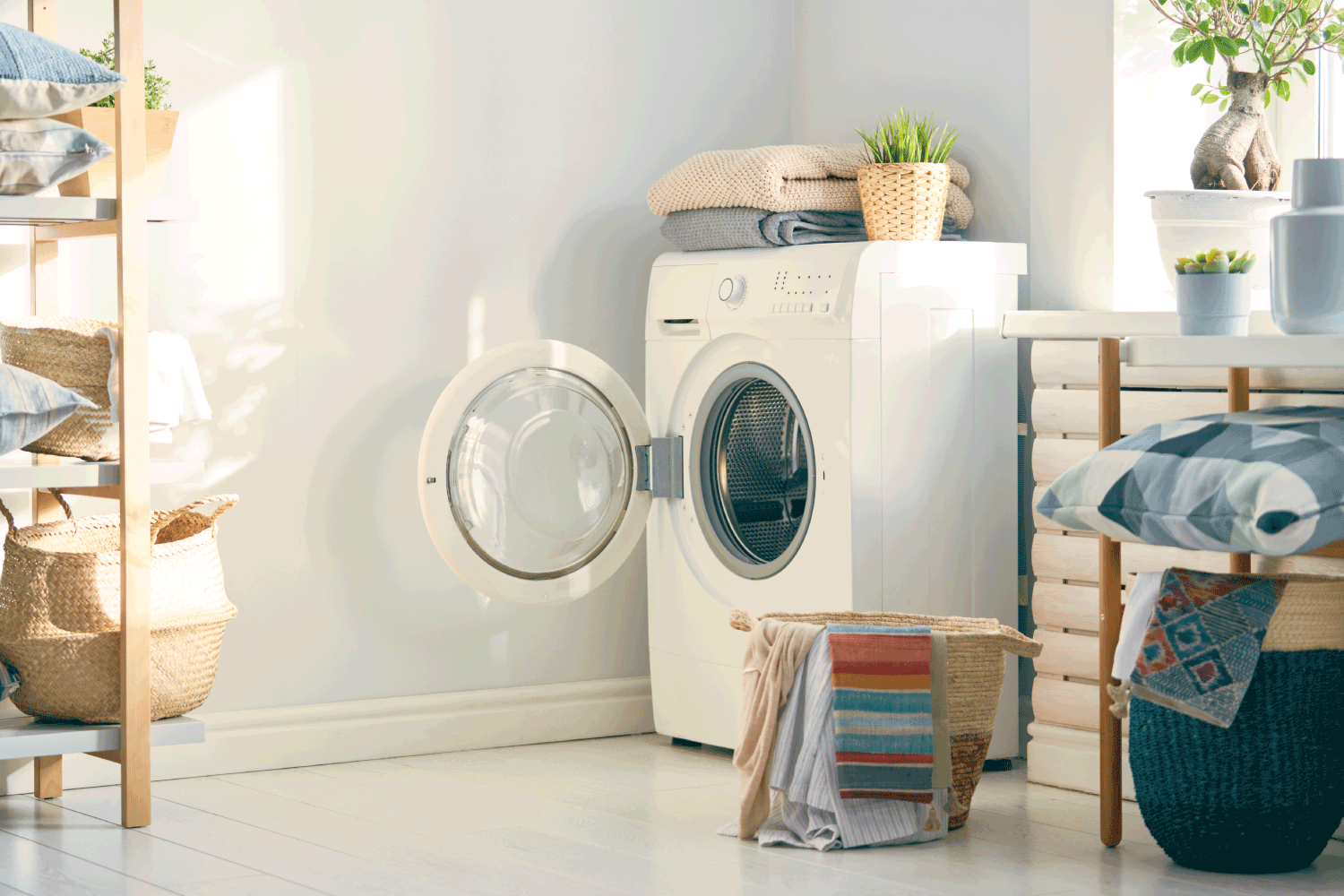 Laundry room with a open hatch washing machine