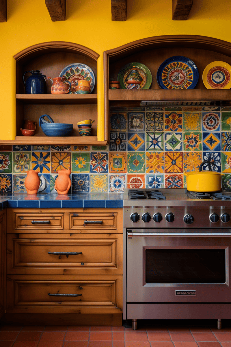 Mexican-influenced kitchen with a colorful backsplash and warm, inviting tones