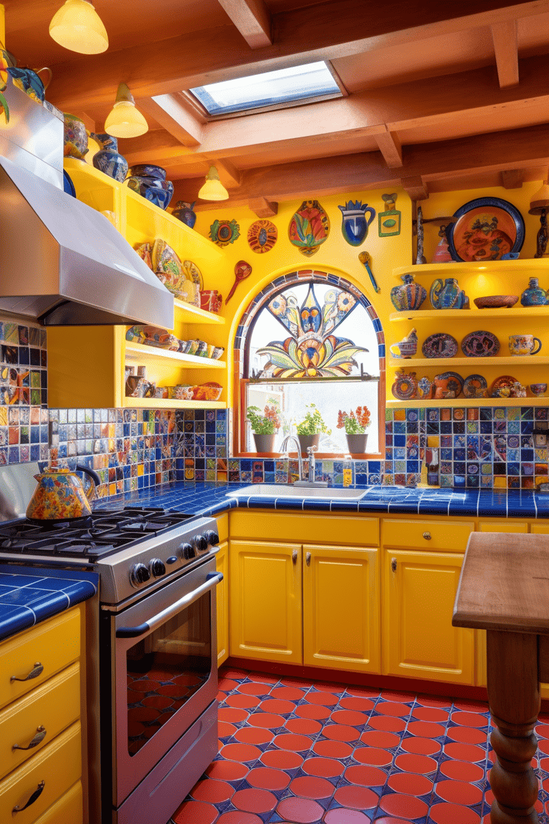 Mexican-style kitchen adorned with Talavera pottery and vibrant patterns