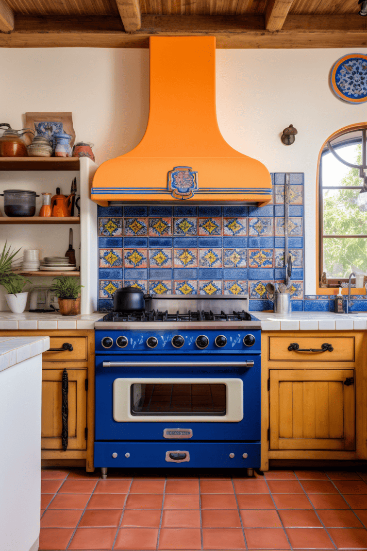 Mexican-style kitchen with a statement blue stove and orange tile
