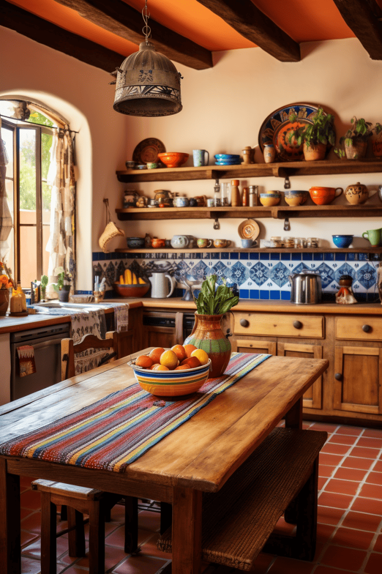 Mexican-style kitchen with a wooden table for gathering and cooking