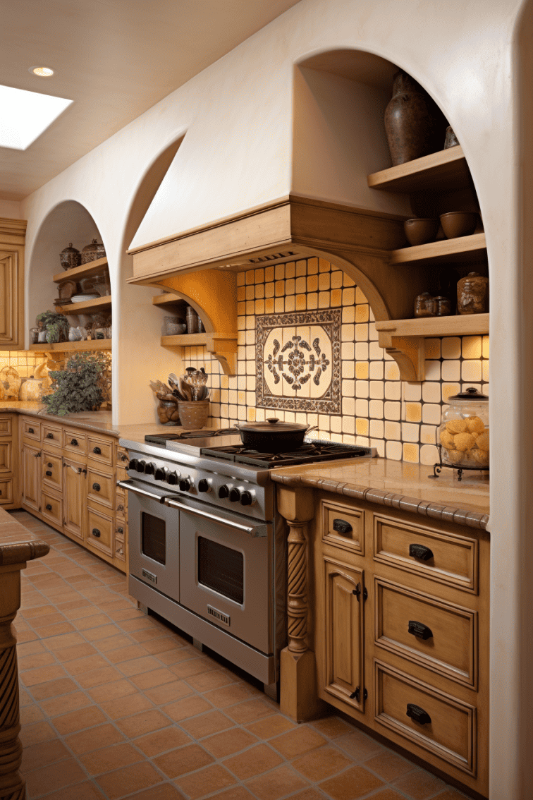 Mexican-style kitchen with decorative arches in the cabinetry