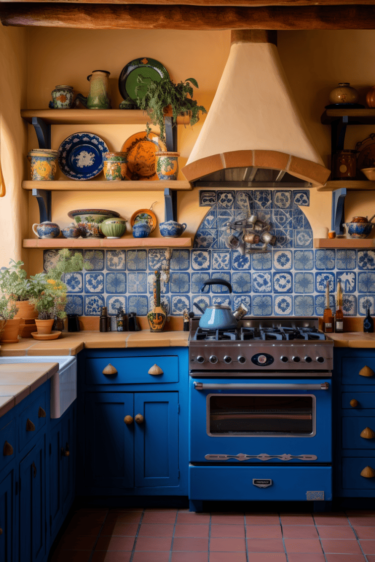 Mexican-style kitchen with pottery above the cabinets, blue cabinetry, and matching accessories