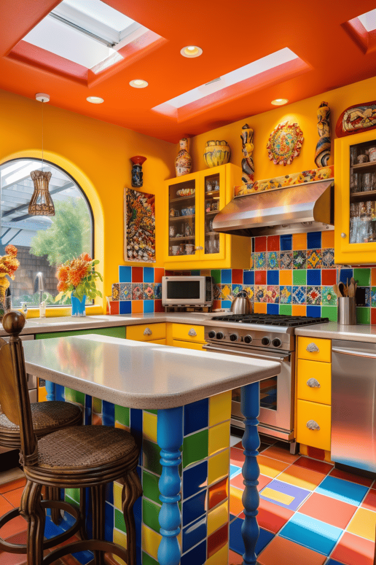 Modern Mexican-style kitchen with vibrant colors and modern furnishings
