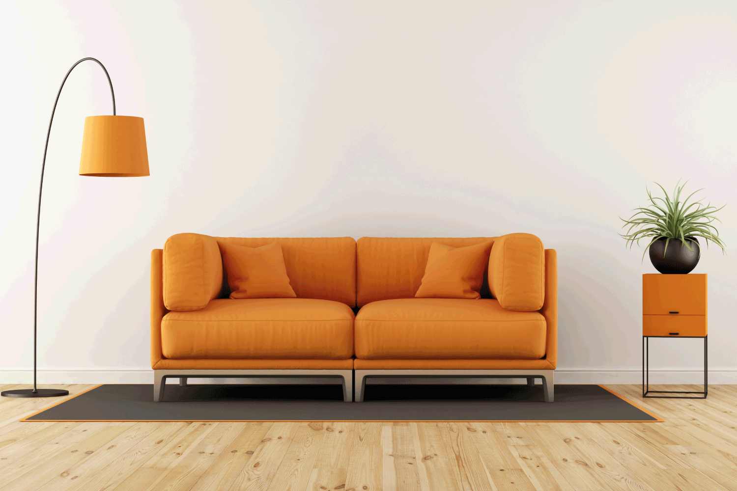 Modern living room with white wall, orange couch and floor lamp