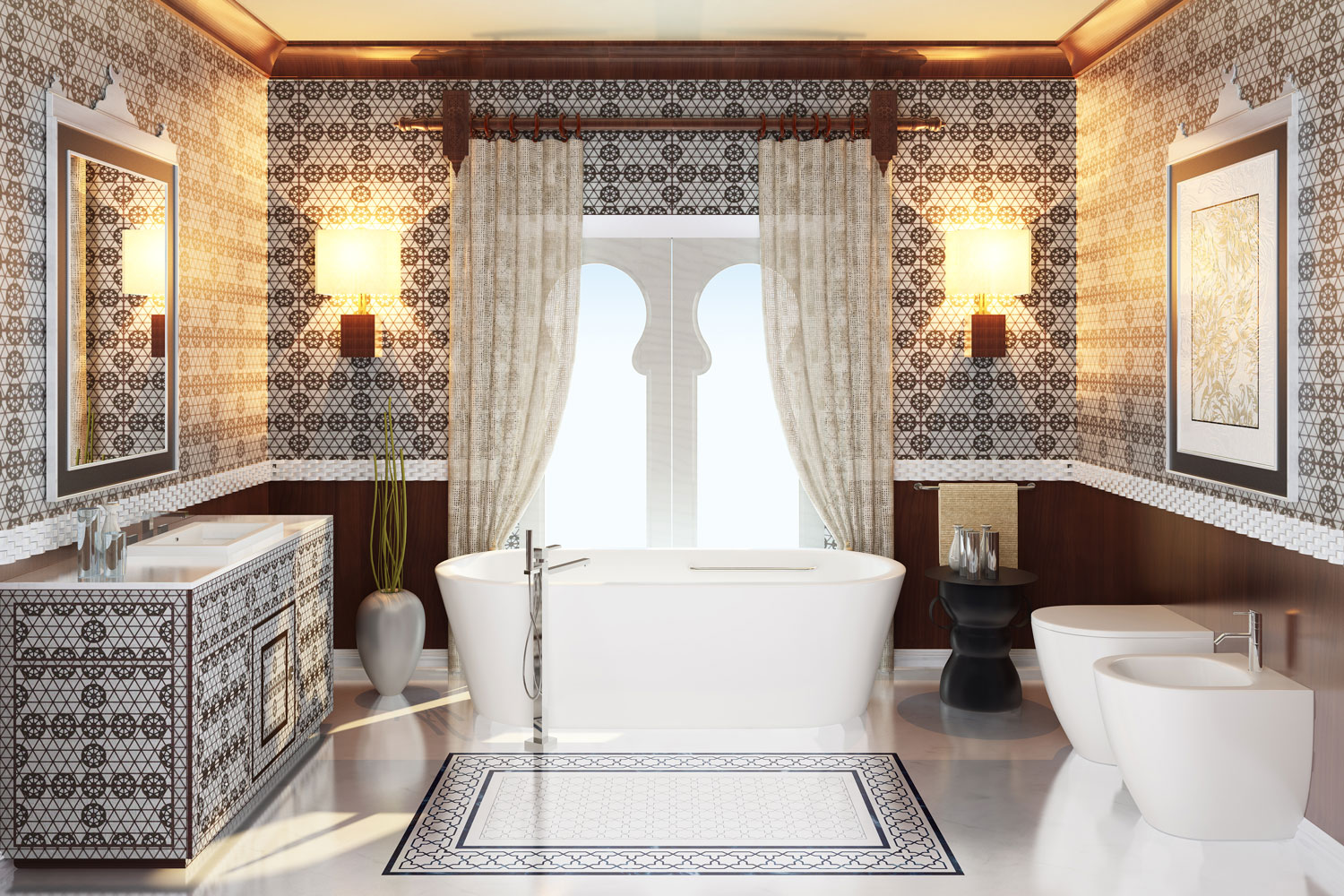 Moroccan inspired modern bathroom wtih ogee patterns on the tiles and flooring