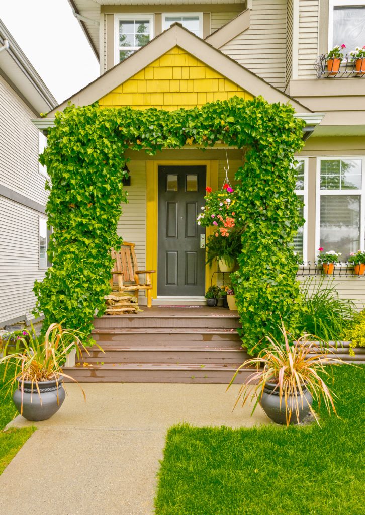 Nicely decorated house entrance with the hand made wooden chair on the porch and ivy on the rails.