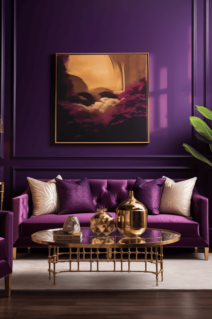 Purple living room with gold accents and furnitures