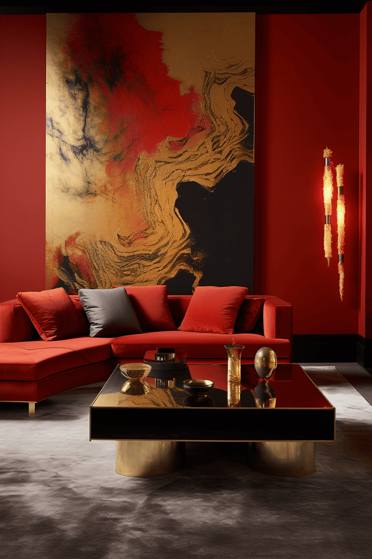A living room with red and gold accents 