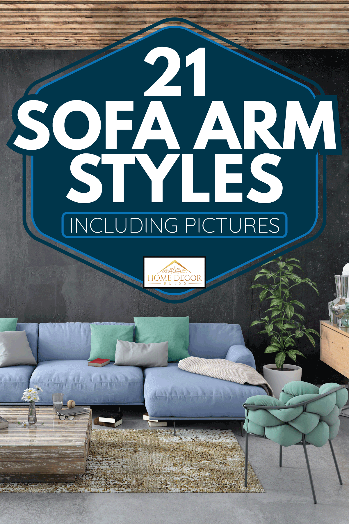 Modern Nordic Scandinavian styled apartment with large pastel colored sofa. Concrete textured wall, concrete floor with carpet. 21 Sofa Arm Styles [Including Pictures]