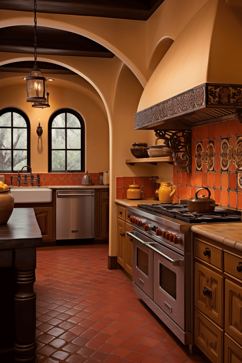 Subtle Mexican-style kitchen with rustic light fixtures, arches, and patterned tile in a less bold color palette