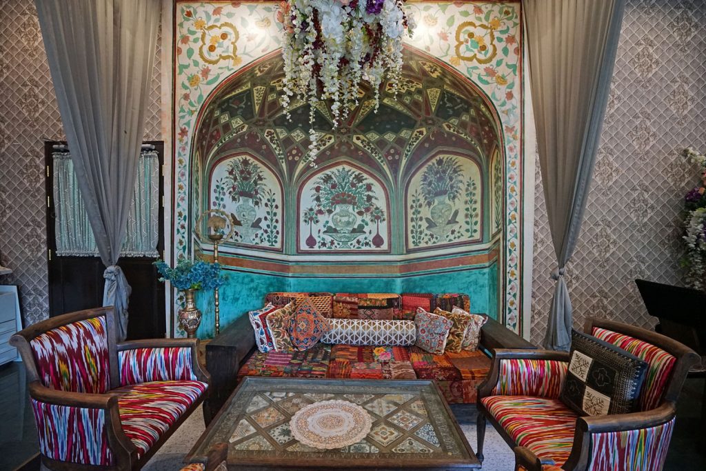 Sweet and smooth Moroccan inspired living room with furniture's stitched with a Moroccan pattern