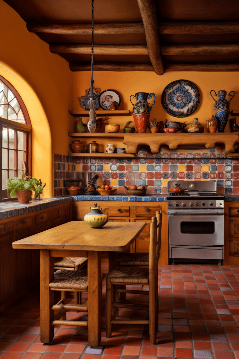 Traditional Mexican-style kitchen with warm colors, textured seat cushions, and rustic furnishings