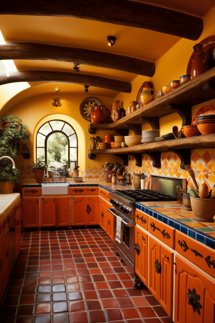 Warm and inviting Mexican-style kitchen with rich hues, warm oranges, and browns