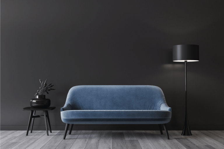 blue sofa in dark modern interior design, minimal home decor. 21 Sofa Arm Styles [Including Pictures]