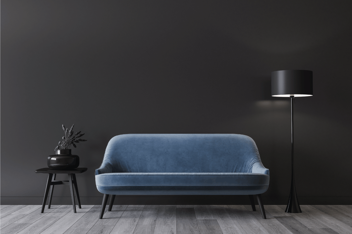 blue sofa in dark modern interior design, minimal home decor. 21 Sofa Arm Styles [Including Pictures]