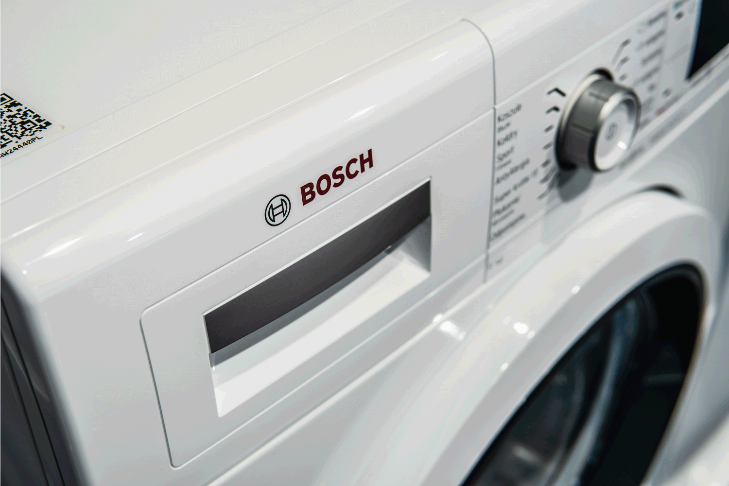 front view of a white front loading Bosch automatic washing machine