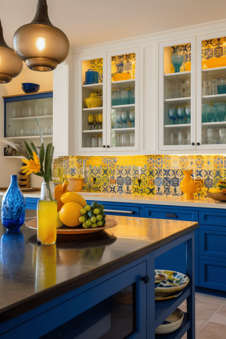 mexican Kitchen with a patterned backsplash, colored glass bottles, and a blue kitchen island
