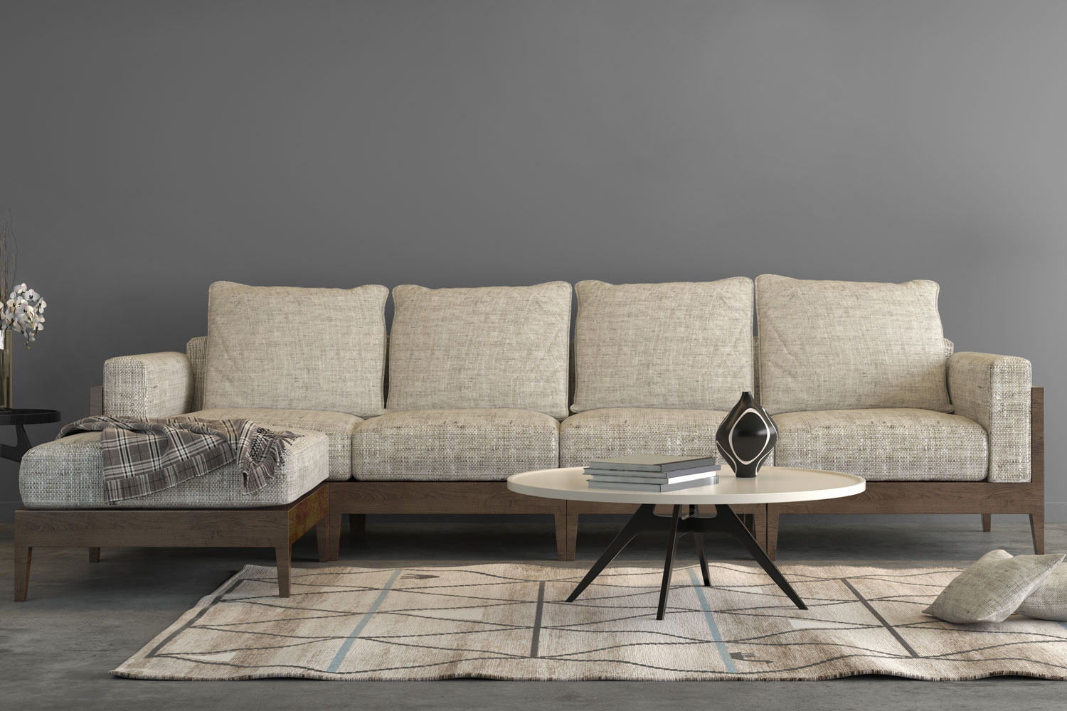 A beige foam sofa on a wooden oak sofa inside a gray painted living room