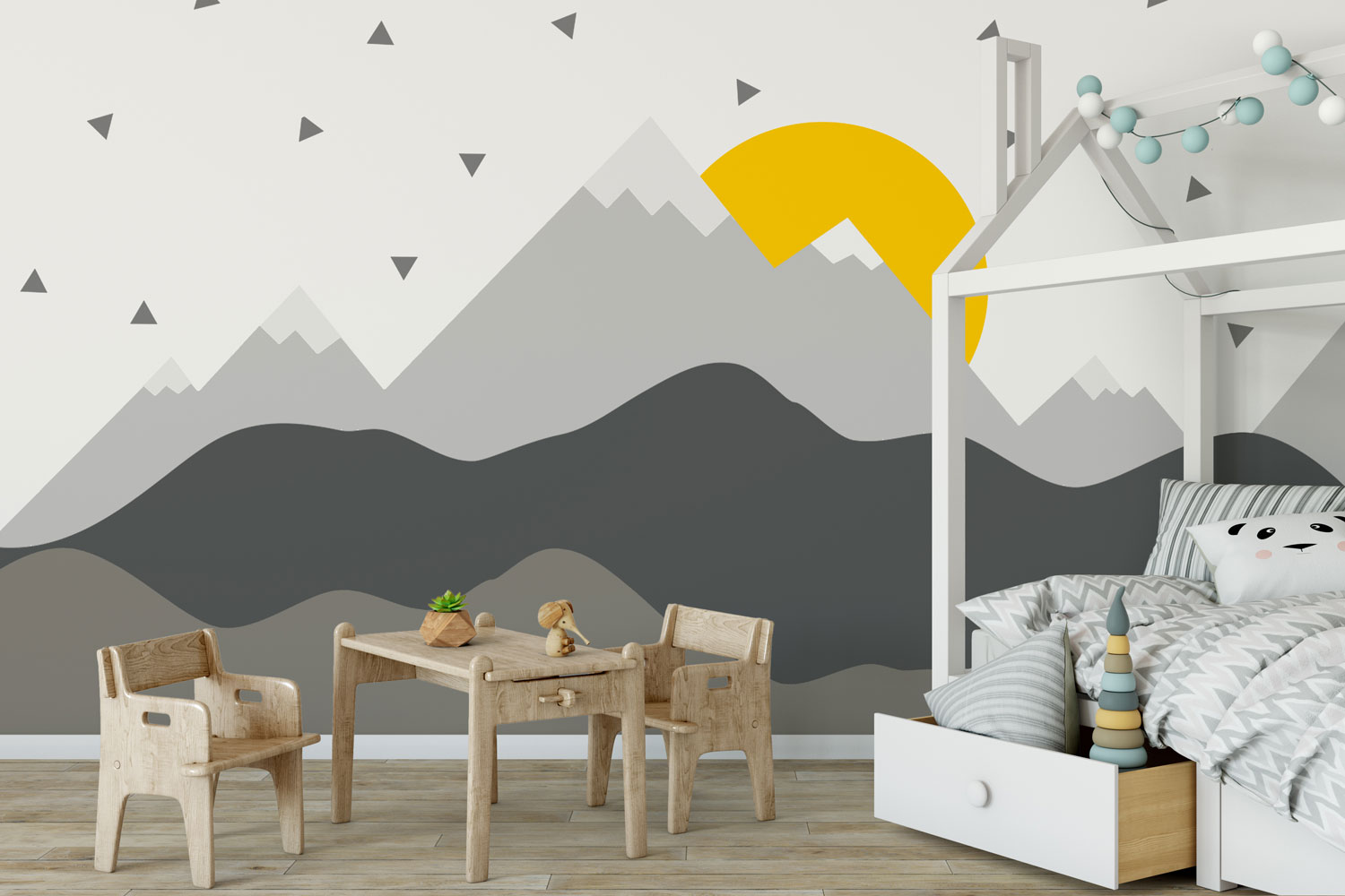 A mock up wall décor of a huge mountain and sun inside a Childs room