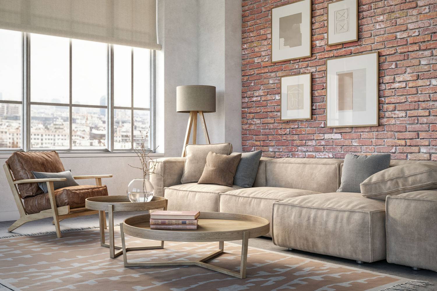 A stylish bohemian inspired living room with modular beige sofas, brick walls and a huge window at a condominium 