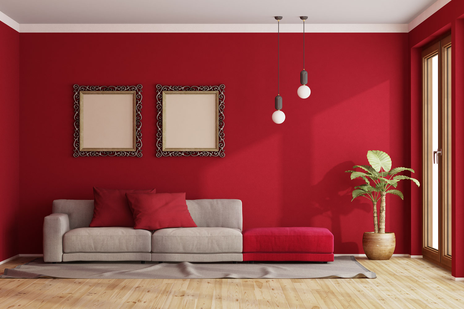 Gorgeous and classy red designed living room with laminated flooring