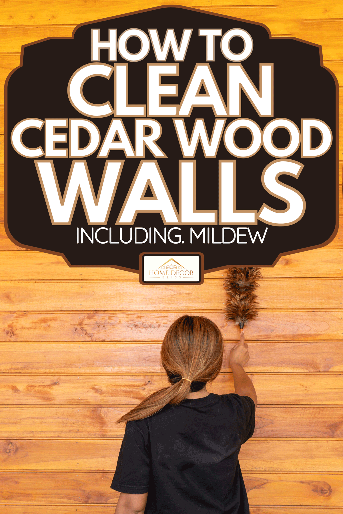 Woman dusting a wood wall with a feather duster, How To Clean Cedar Wood Walls [Inc. Mildew]