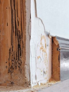 Rotten lumber inside wooden wall has been eaten by termites
