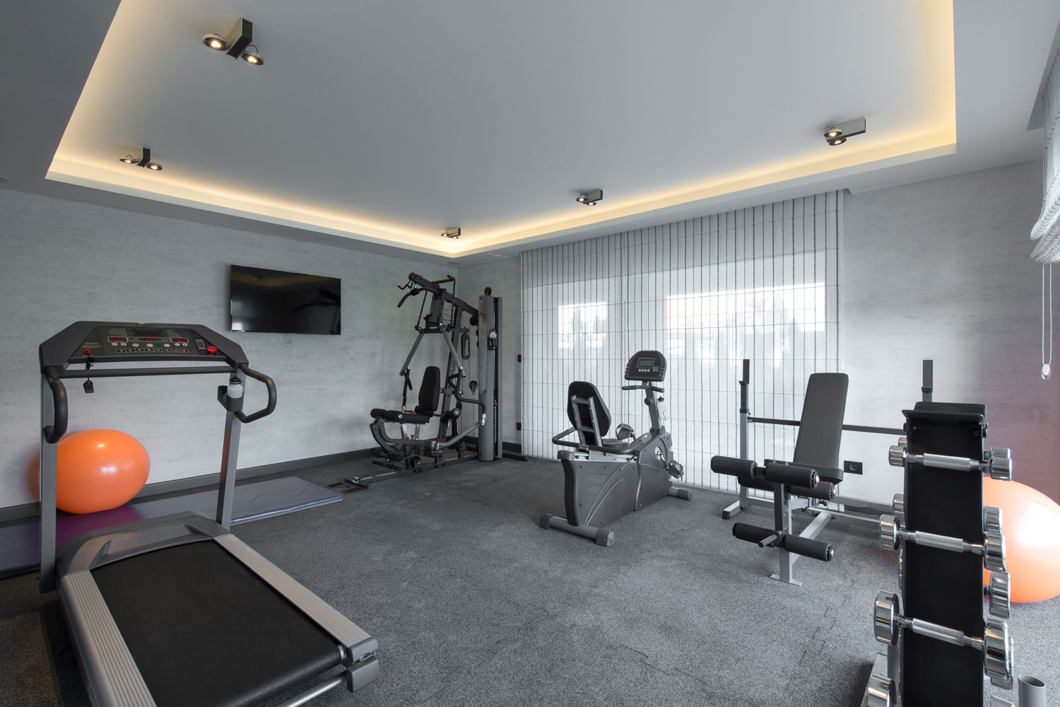 A room converted into a gym with carpeted flooring