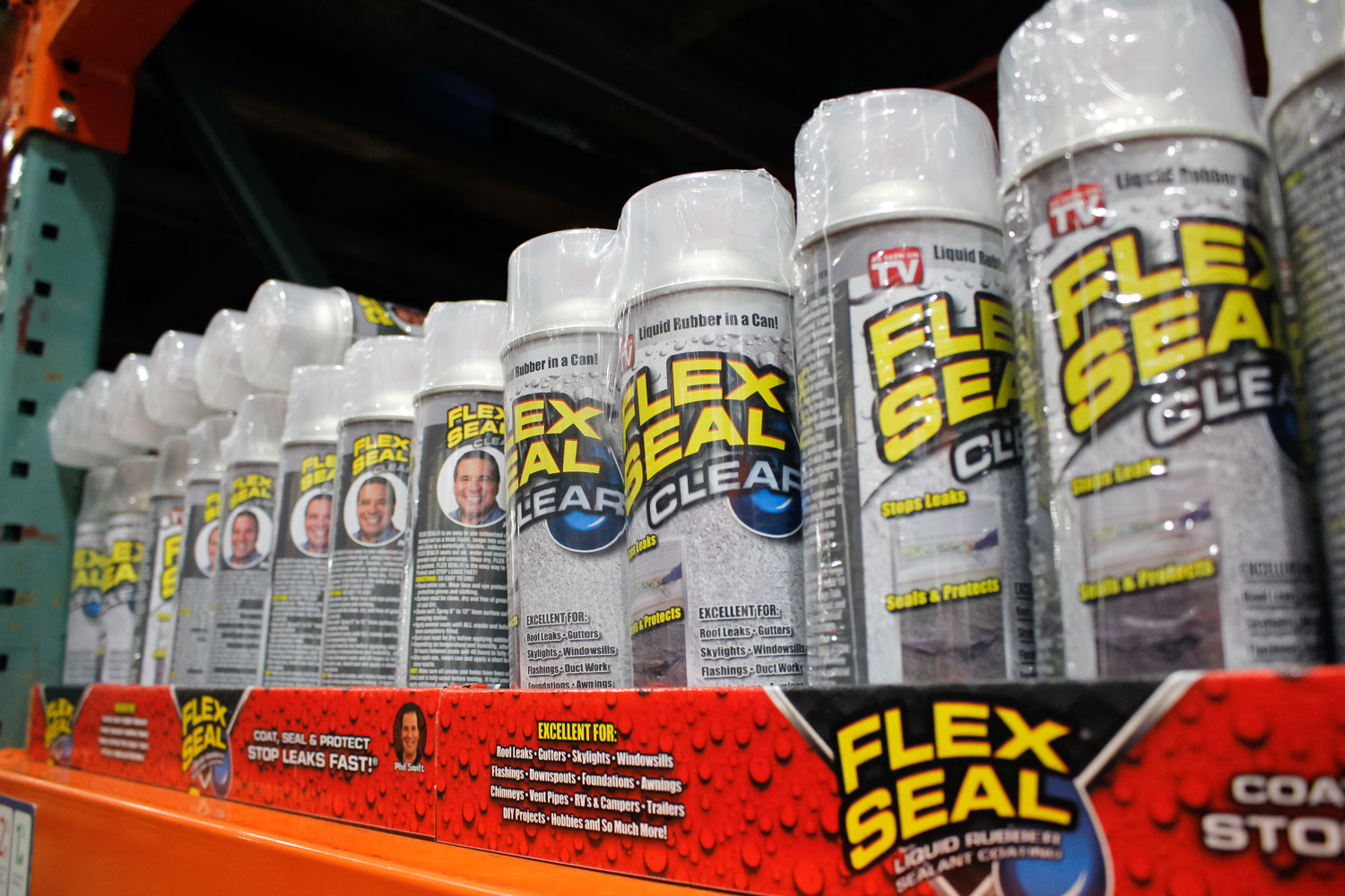 A view of several cans of Flex Seal Clear, on display at a local hardware store.
