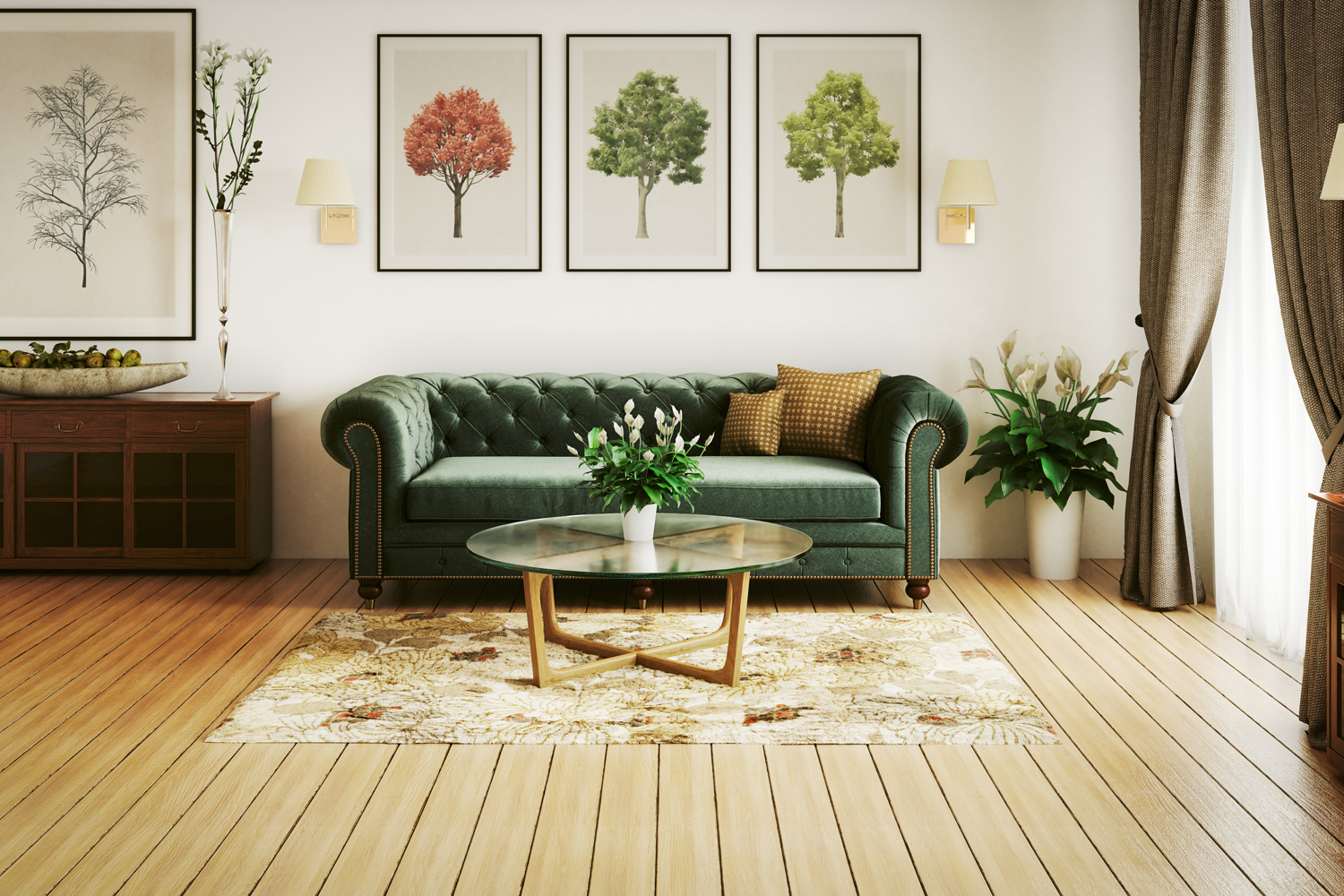 Digitally generated luxurious and stylish home interior (living room) with high-quality furniture and props