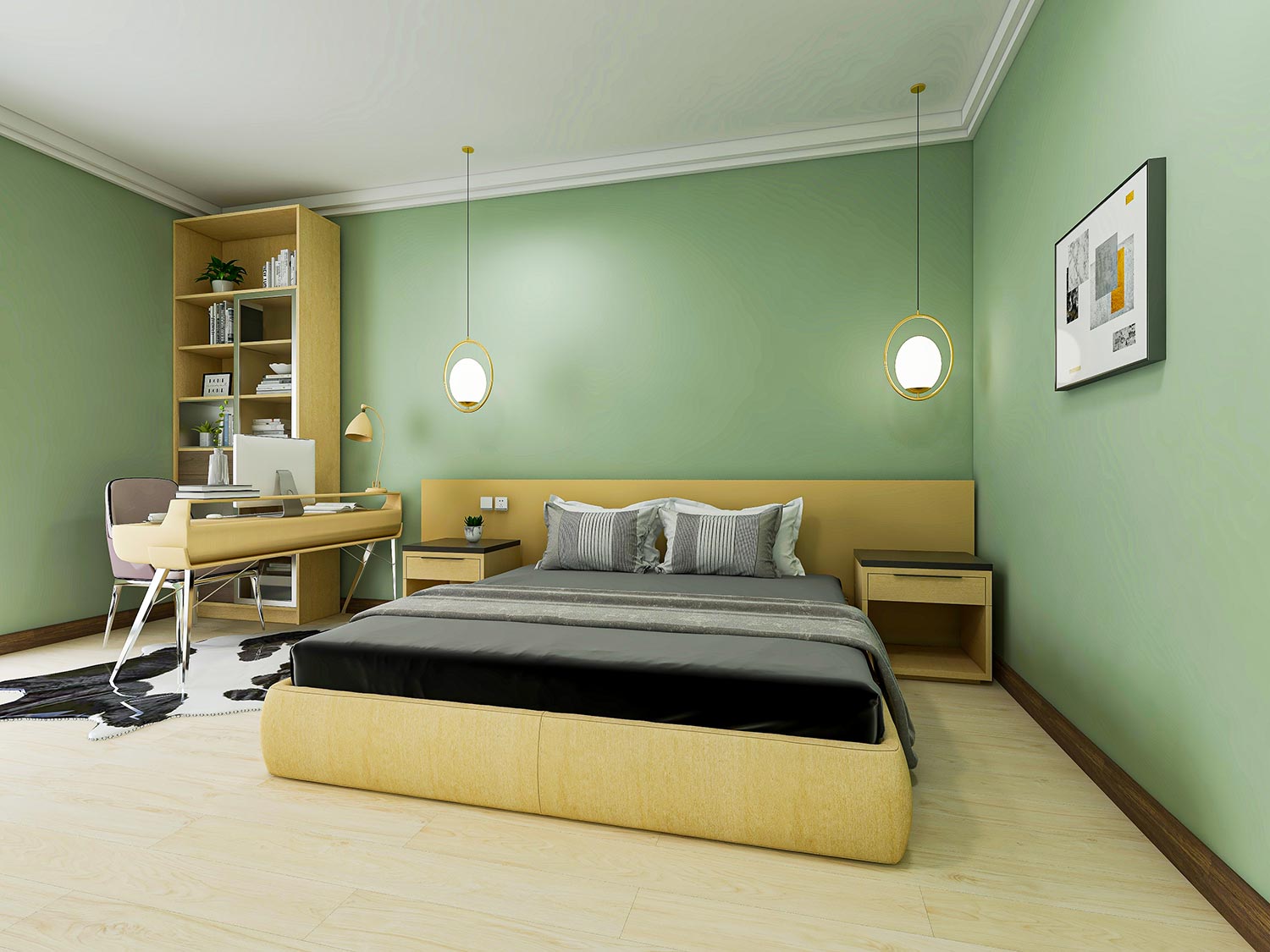 Elegant and spacious bedroom design of modern apartment, overcoat cabinet beside the big bed, with dressing table