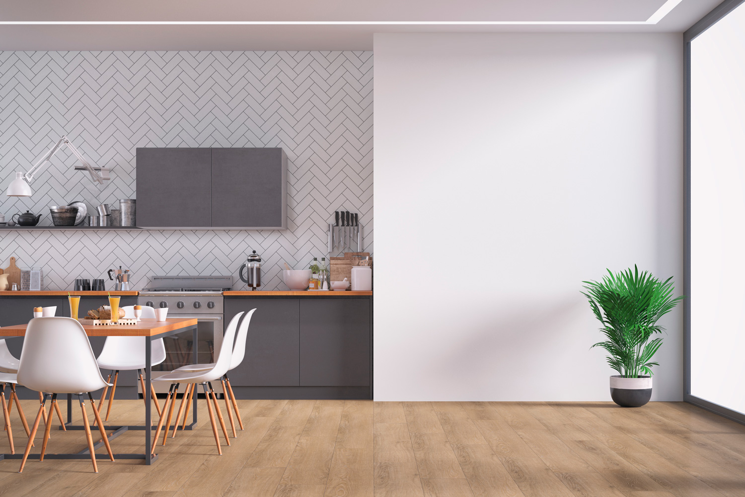 Empty anthracite modern kitchen on hardwood floor with appliances, full dining table, chairs in front of white herringbone tiled wall background. 