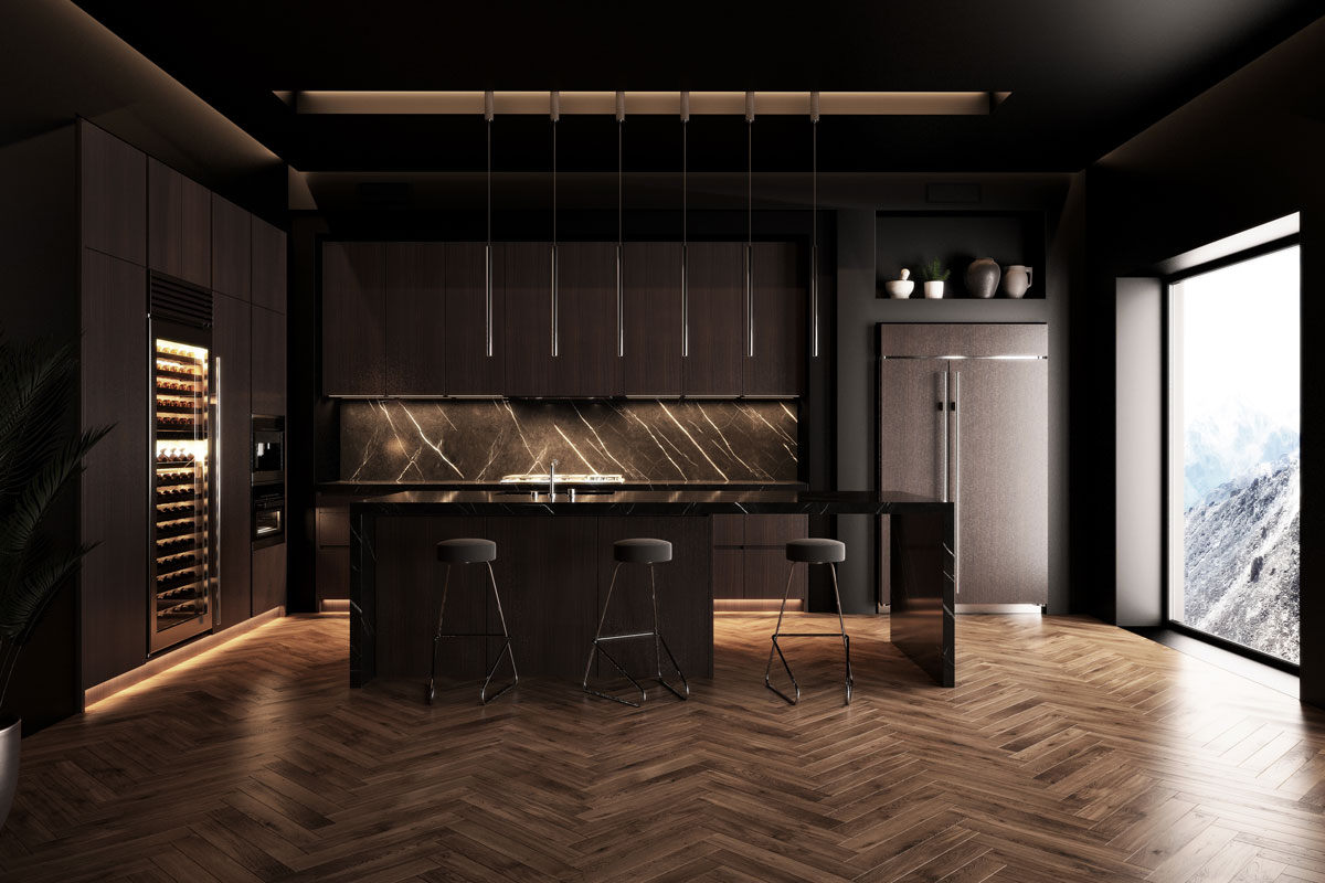 Luxury studio apartment with a premium contemporary kitchen loft style in dark colors