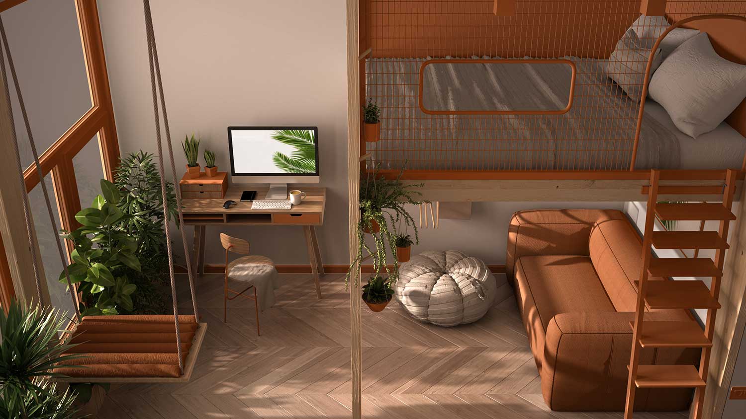 Minimalist studio apartment with loft bunk double bed, swing