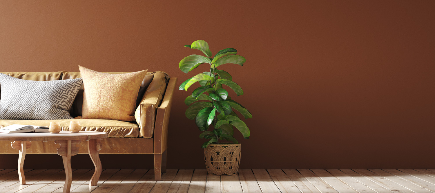 Modern interior in terracotta color with leather sofa, rattan armchairs and flower